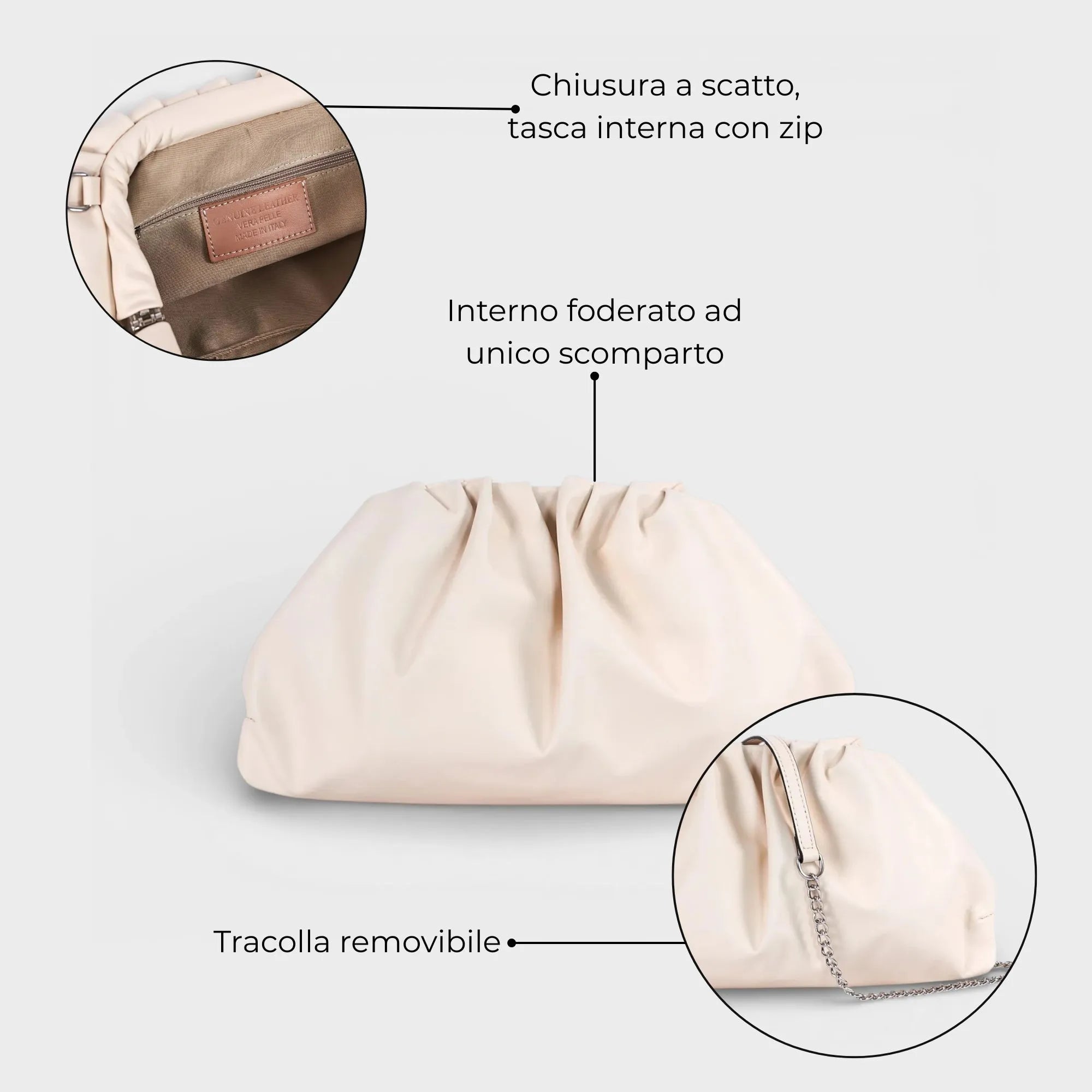 Borsa a mano in vera pelle Aria beige dettagli