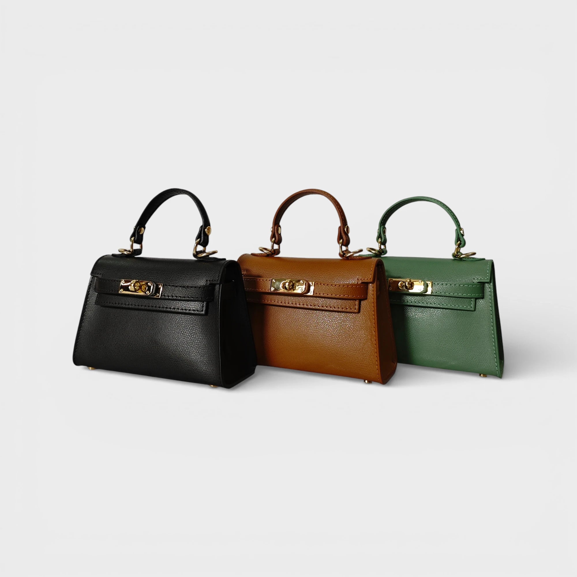 Borsa a mano in vera pelle Clara colori nero cognac verde salvia
