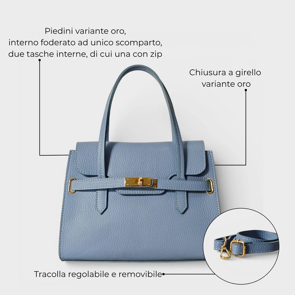 Borsa a mano in vera pelle Diana colore azzurro polvere dettagli