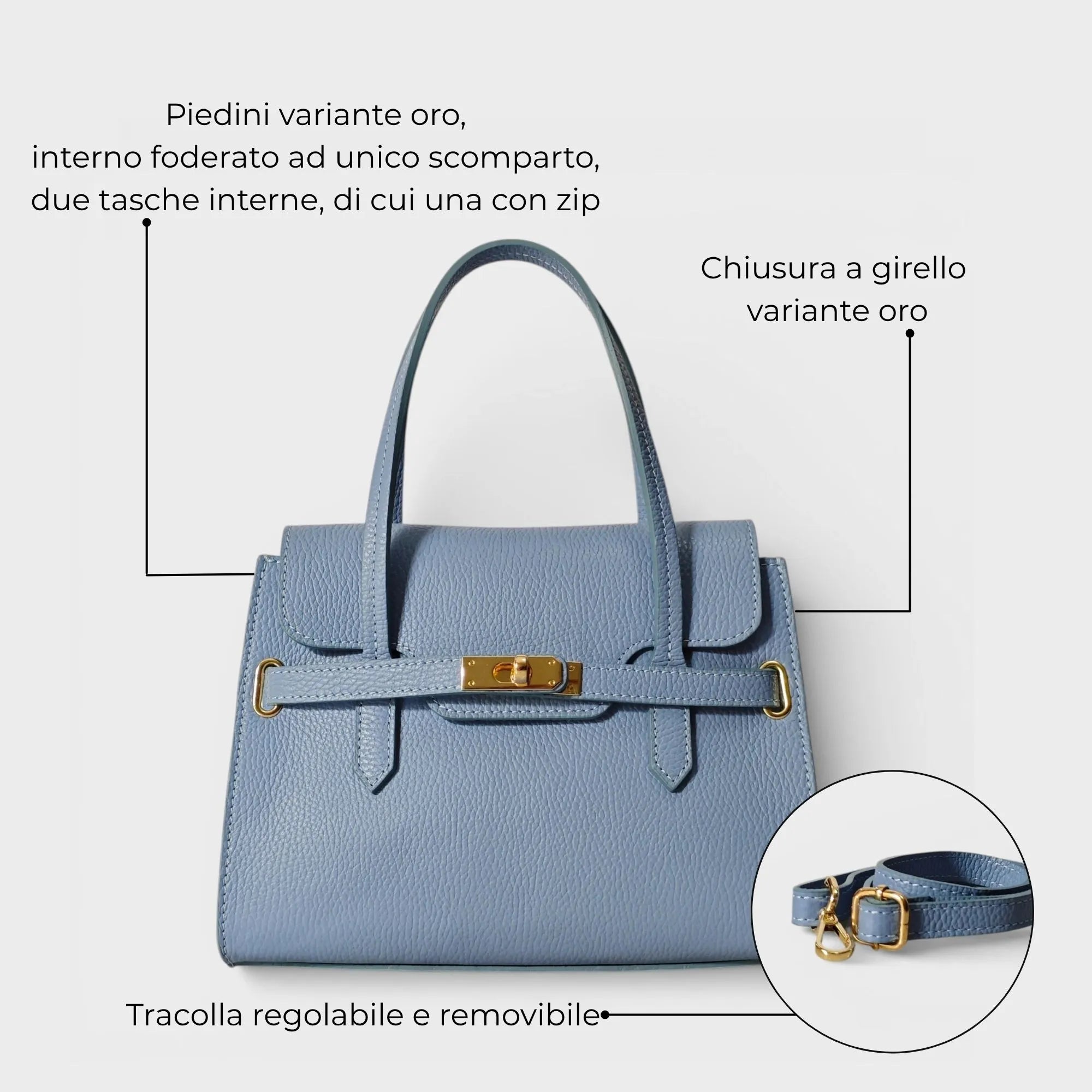 Borsa a mano in vera pelle Diana colore azzurro polvere dettagli