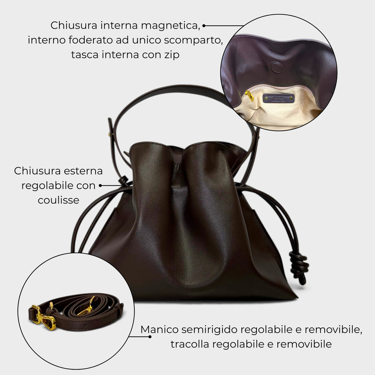 Borsa a mano in vera pelle Giulia testa di moro dettagli