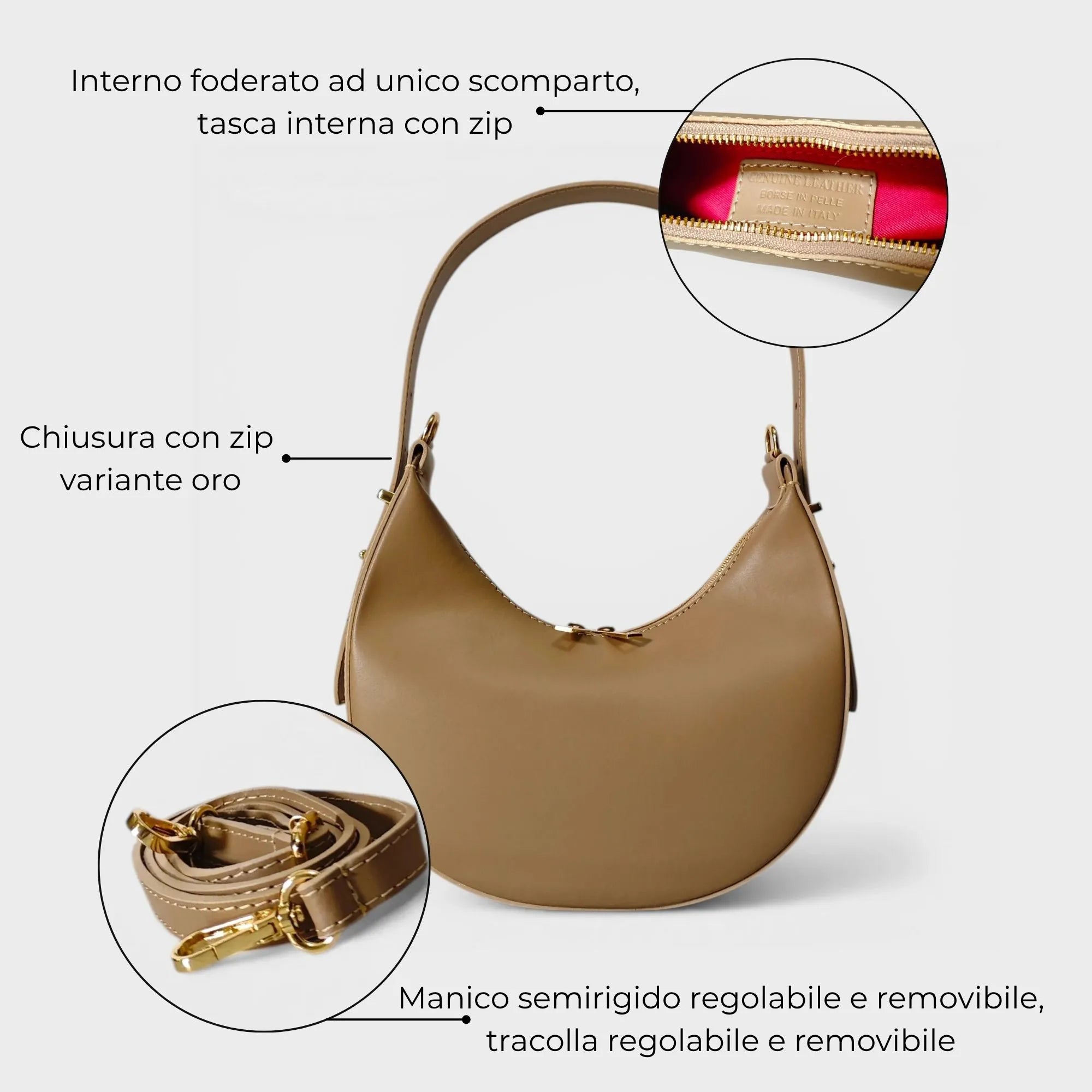 Borsa a spalla in vera pelle Luna taupe dettagli