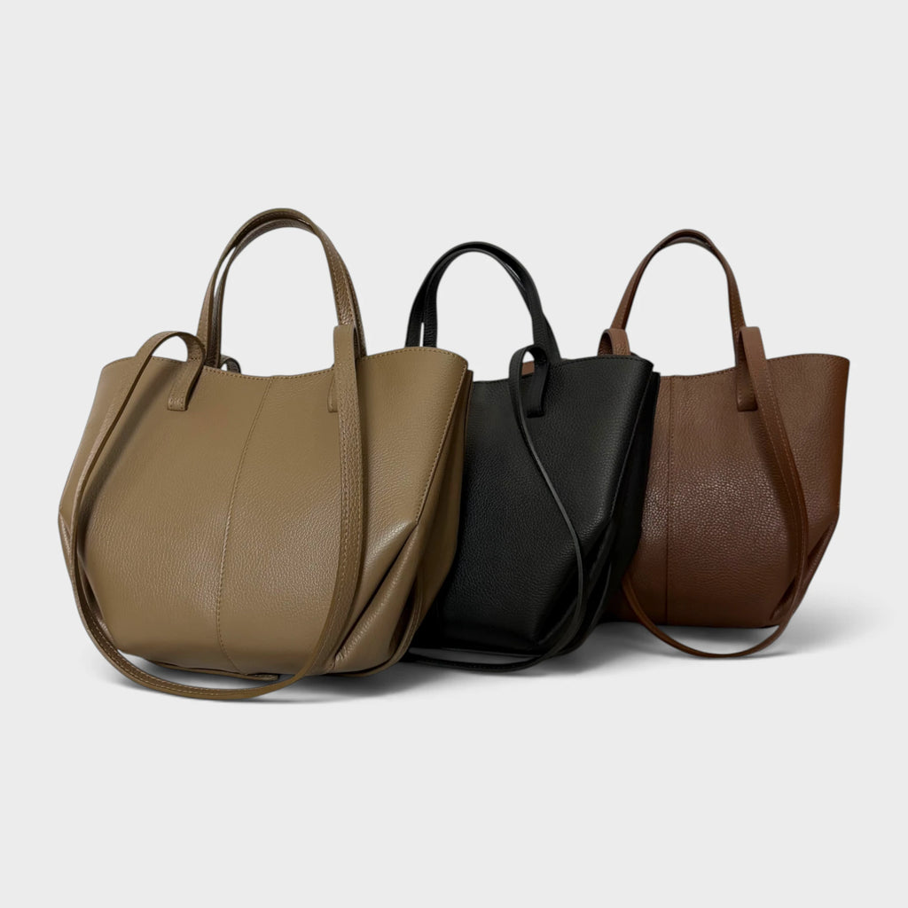 Borsa a spalla tote bag in vera pelle Sofia colori taupe nero marrone