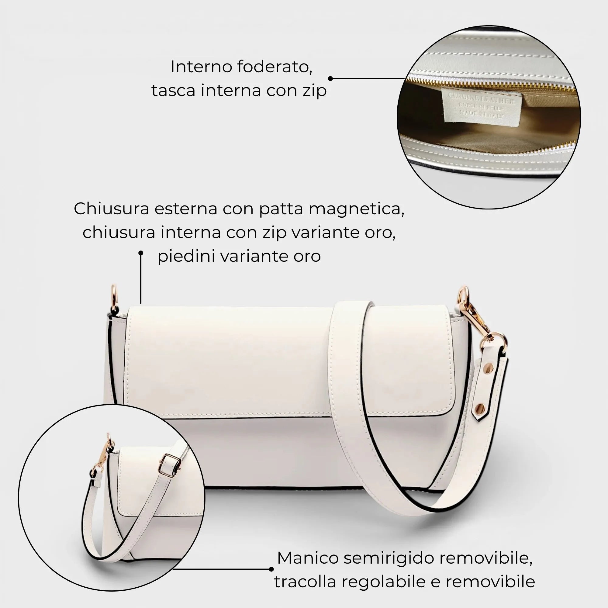 Borsa a spalla in vera pelle Vera colore bianco dettagli